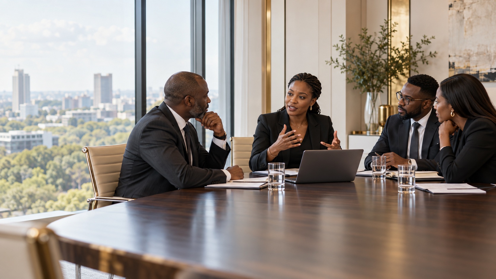 Four Black professionals discussing business around a conference table