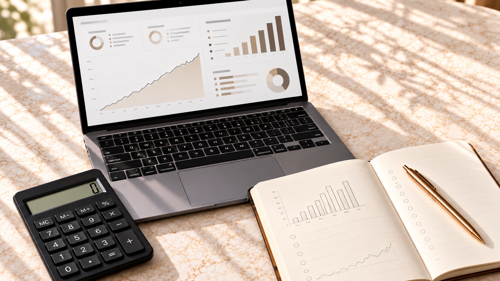 Laptop with financial charts beside a calculator, notebook and pen