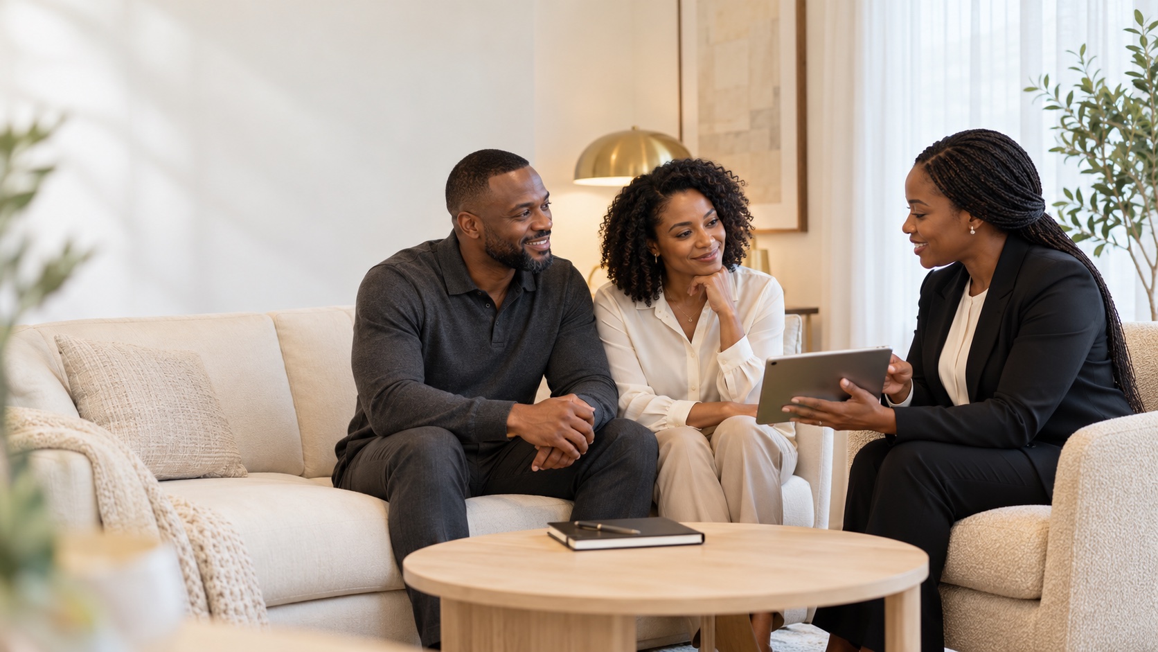 A couple reviewing a tablet with a financial adviser